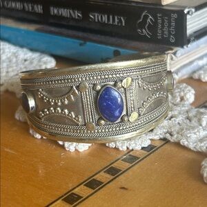 Vintage Lapis Lazuli Intricate Old Silver Cuff Bracelet